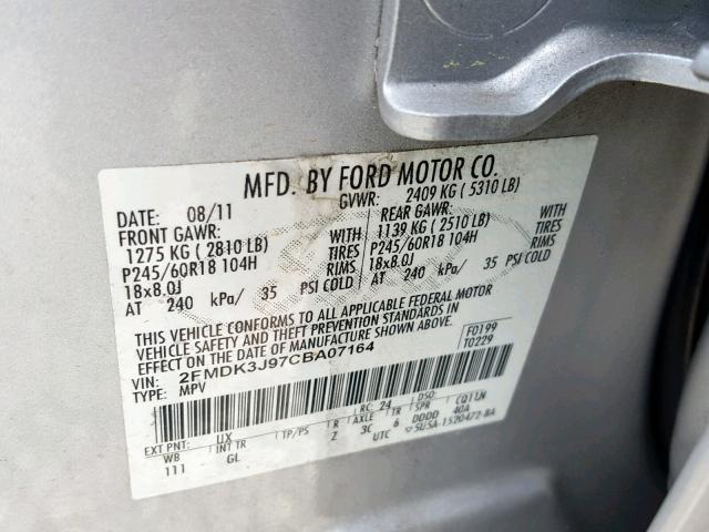 2FMDK3J97CBA07164 - 2012 FORD EDGE SEL SILVER photo 10