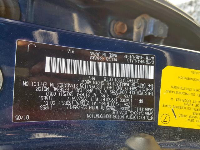 JTEEP21A750100118 - 2005 TOYOTA HIGHLANDER BLUE photo 10