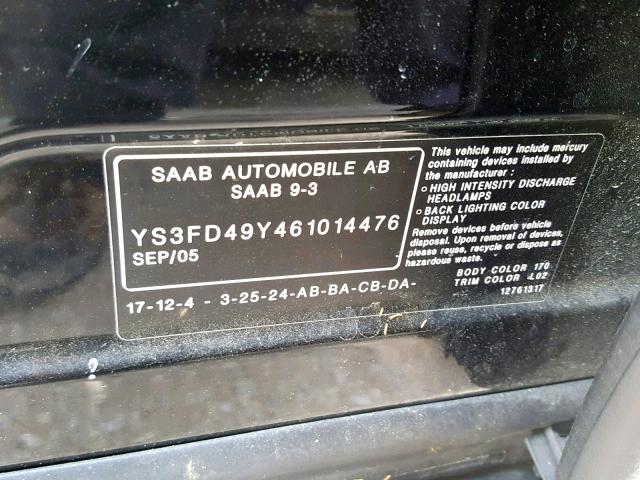 YS3FD49Y461014476 - 2006 SAAB 9-3 BLACK photo 10