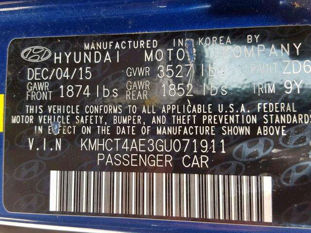 KMHCT4AE3GU071911 - 2016 HYUNDAI ACCENT SE BLUE photo 10