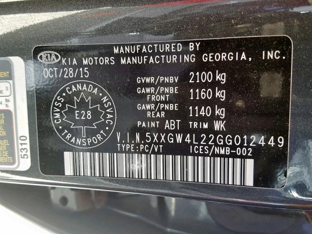 5XXGW4L22GG012449 - 2016 KIA OPTIMA SX GRAY photo 10