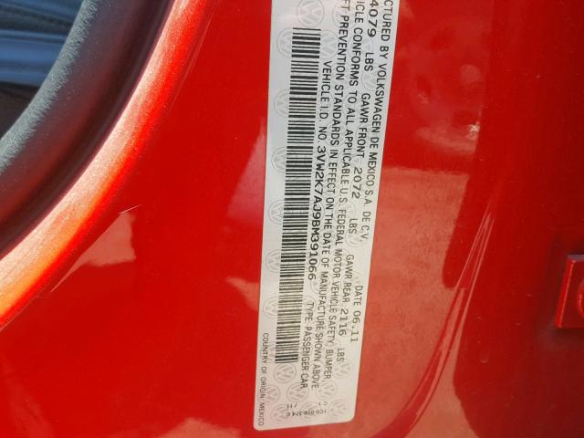 3VW2K7AJ9BM391066 - 2011 VOLKSWAGEN JETTA BASE RED photo 10