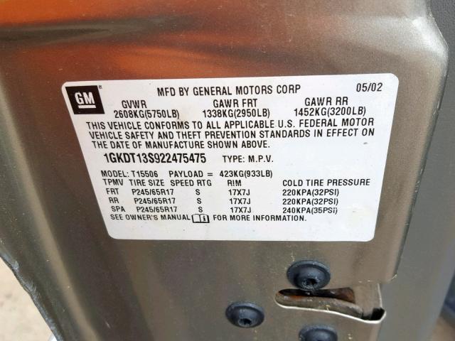 1GKDT13S922475475 - 2002 GMC ENVOY SILVER photo 10