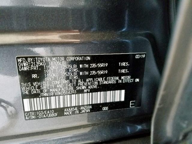 JTMN1RFV8KD514393 - 2019 TOYOTA RAV4 LIMIT GRAY photo 10