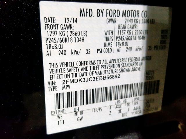 2FMDK3JC3EBB66892 - 2014 FORD EDGE SEL BLACK photo 10