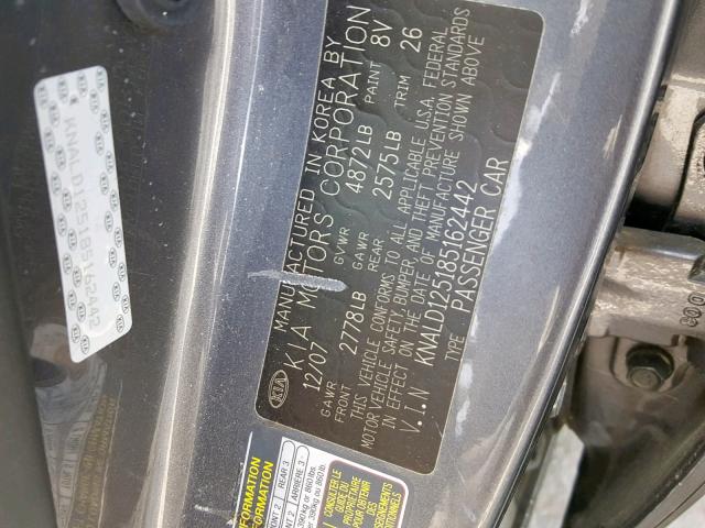 KNALD125185162442 - 2008 KIA AMANTI GRAY photo 10