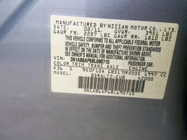 3N1AB6AP6BL690715 - 2011 NISSAN SENTRA 2.0 SILVER photo 10