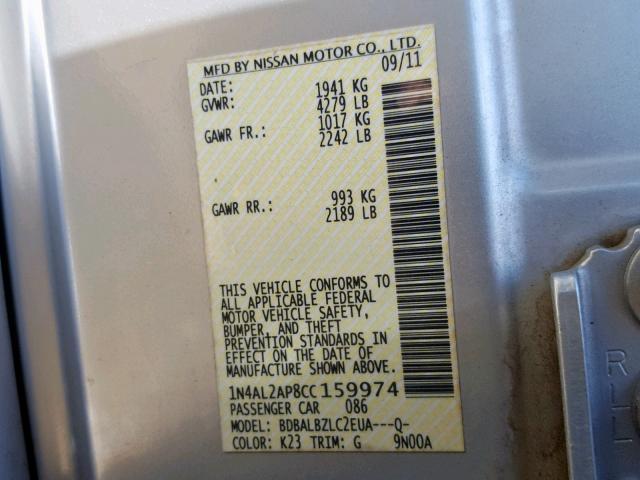 1N4AL2AP8CC159974 - 2012 NISSAN ALTIMA BAS SILVER photo 10