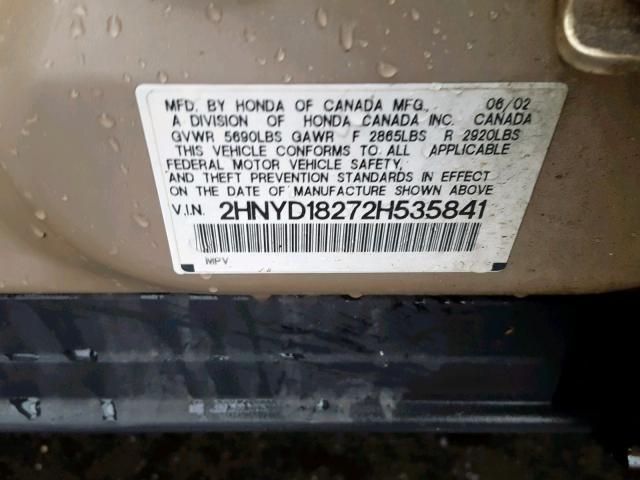 2HNYD18272H535841 - 2002 ACURA MDX GOLD photo 10