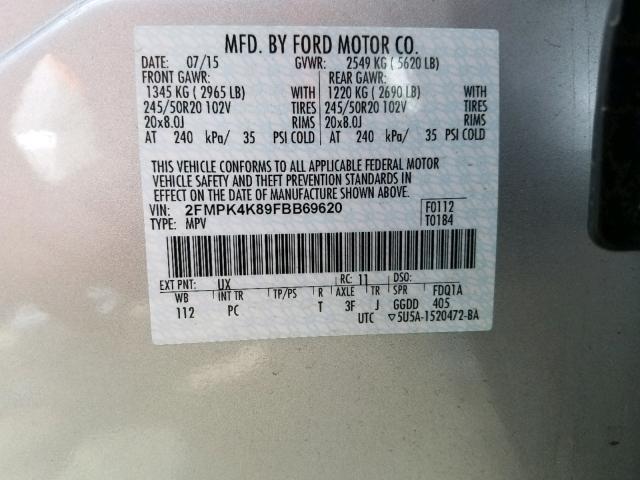 2FMPK4K89FBB69620 - 2015 FORD EDGE TITAN SILVER photo 10