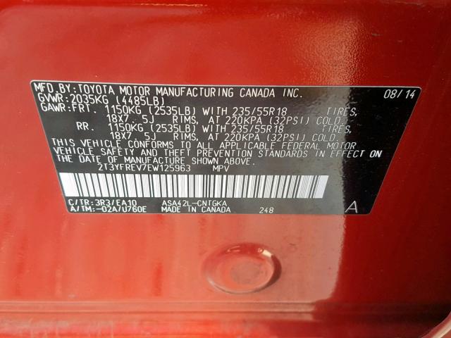 2T3YFREV7EW125963 - 2014 TOYOTA RAV4 LIMIT RED photo 10