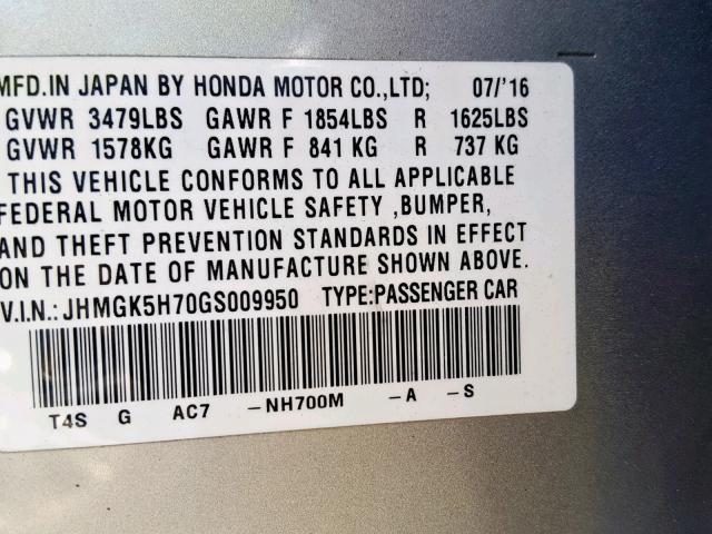 JHMGK5H70GS009950 - 2016 HONDA FIT EX SILVER photo 10