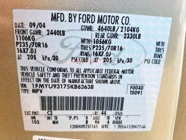 1FMYU93175KB63638 - 2005 FORD ESCAPE XLT SILVER photo 10