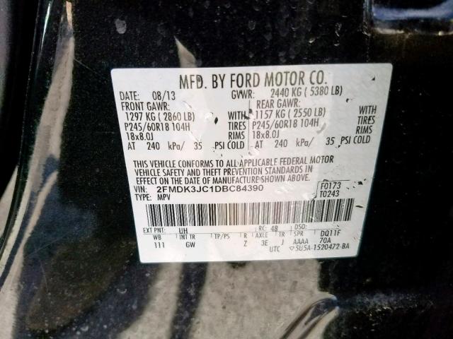 2FMDK3JC1DBC84390 - 2013 FORD EDGE SEL BLACK photo 10