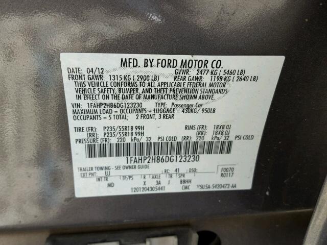 1FAHP2H86DG123230 - 2013 FORD TAURUS SEL GRAY photo 10