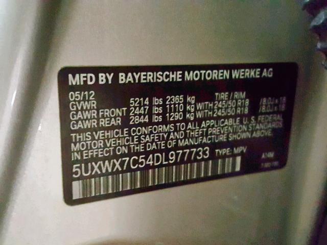 5UXWX7C54DL977733 - 2013 BMW X3 XDRIVE3 BEIGE photo 10