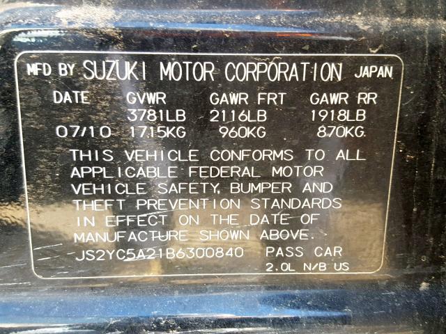 JS2YC5A21B6300840 - 2011 SUZUKI SX4 LE BLACK photo 10