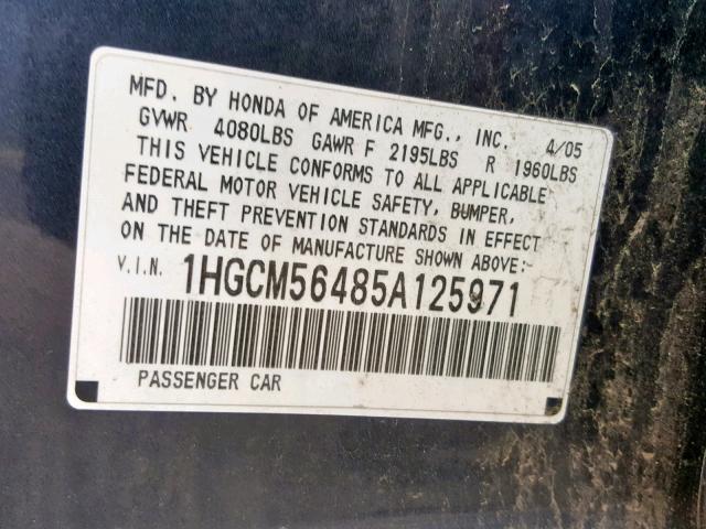 1HGCM56485A125971 - 2005 HONDA ACCORD LX GRAY photo 10