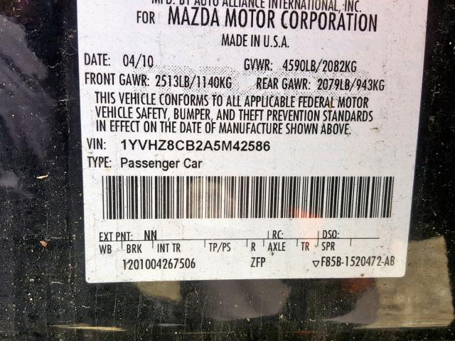 1YVHZ8CB2A5M42586 - 2010 MAZDA 6 S BLACK photo 10