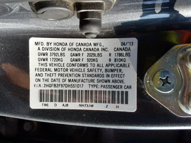 2HGFB2F97DH551017 - 2013 HONDA CIVIC EXL 灰色 照片 10