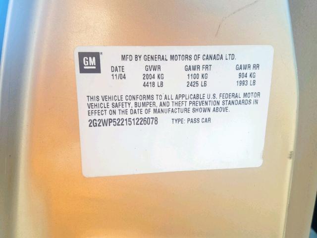 2G2WP522151226078 - 2005 PONTIAC GRAND PRIX GOLD photo 10