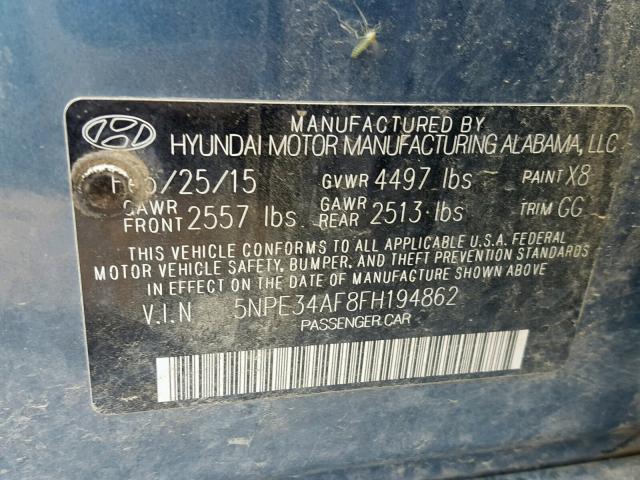 5NPE34AF8FH194862 - 2015 HYUNDAI SONATA SPO BLUE photo 10