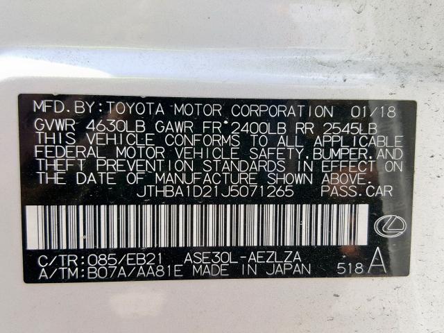 JTHBA1D21J5071265 - 2018 LEXUS IS 300 WHITE photo 10