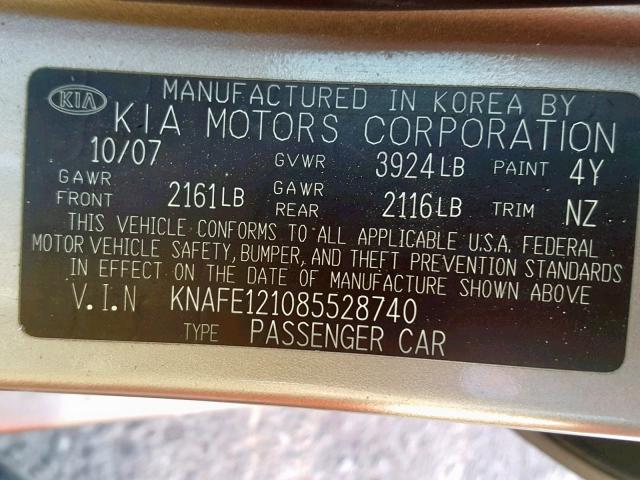 KNAFE121085528740 - 2008 KIA SPECTRA EX GOLD photo 10