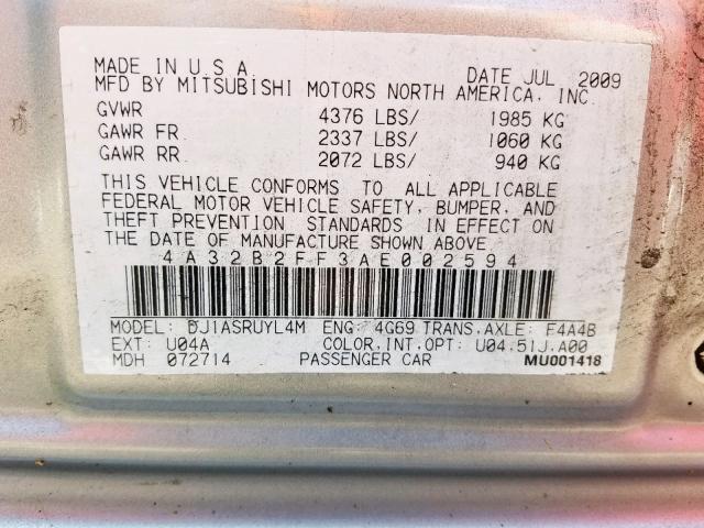 4A32B2FF3AE002594 - 2010 MITSUBISHI GALANT FE SILVER photo 10