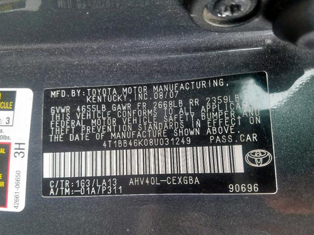 4T1BB46K08U031249 - 2008 TOYOTA CAMRY HYBR GRAY photo 10