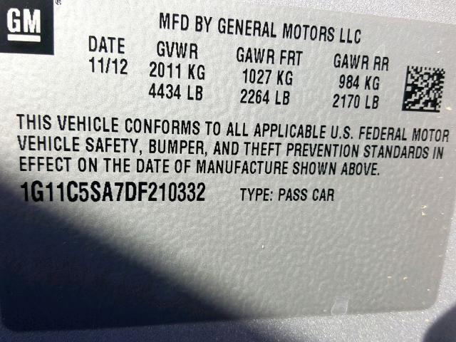 1G11C5SA7DF210332 - 2013 CHEVROLET MALIBU 1LT 银色 照片 10