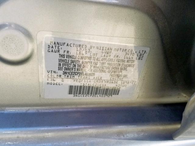 3N1CE2CP2EL403929 - 2014 NISSAN VERSA NOTE GRAY photo 10