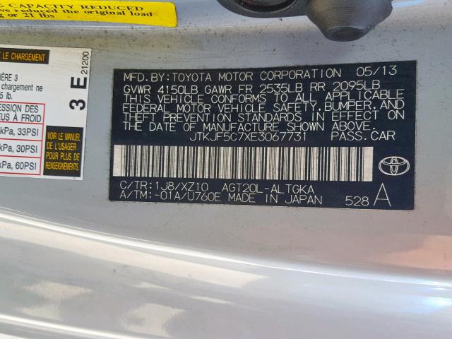 JTKJF5C7XE3067731 - 2014 TOYOTA SCION TC ვერცხლისფერი ფოტო 10