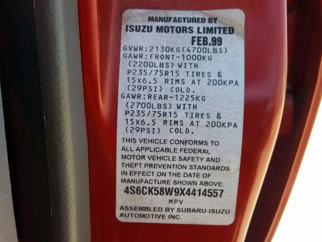 4S6CK58W9X4414557 - 1999 HONDA PASSPORT E 红色 照片 10