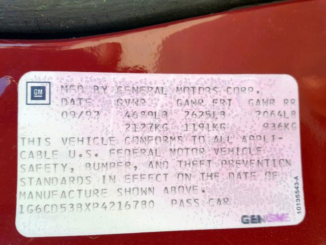 1G6CD53BXP4216780 - 1993 CADILLAC DEVILLE RED photo 10