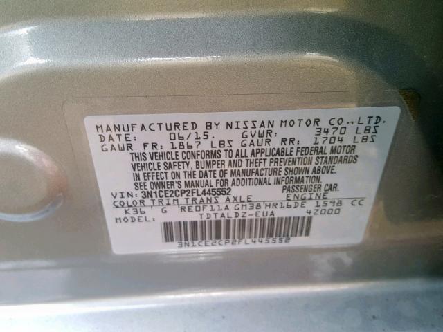 3N1CE2CP2FL445552 - 2015 NISSAN VERSA NOTE GRAY photo 10