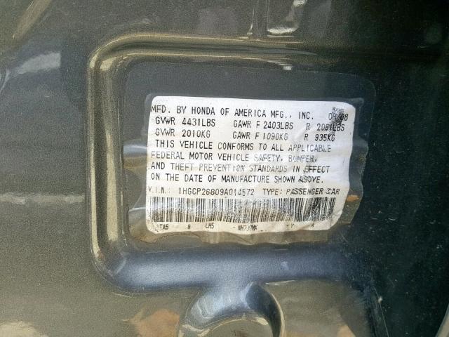 1HGCP26809A014572 - 2009 HONDA ACCORD EXL SILVER photo 10