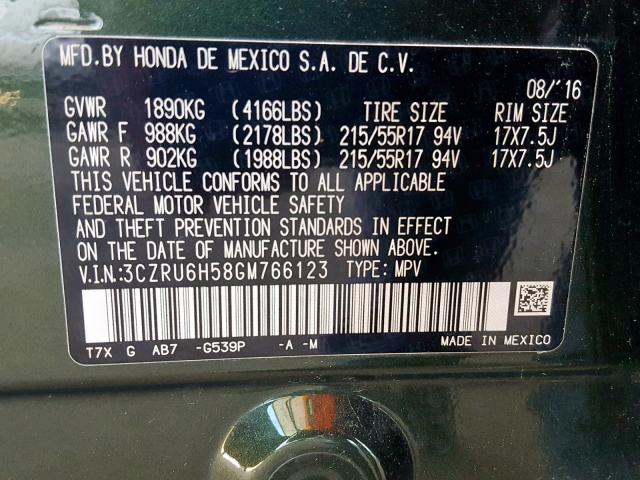 3CZRU6H58GM766123 - 2016 HONDA HR-V EX GRAY photo 10