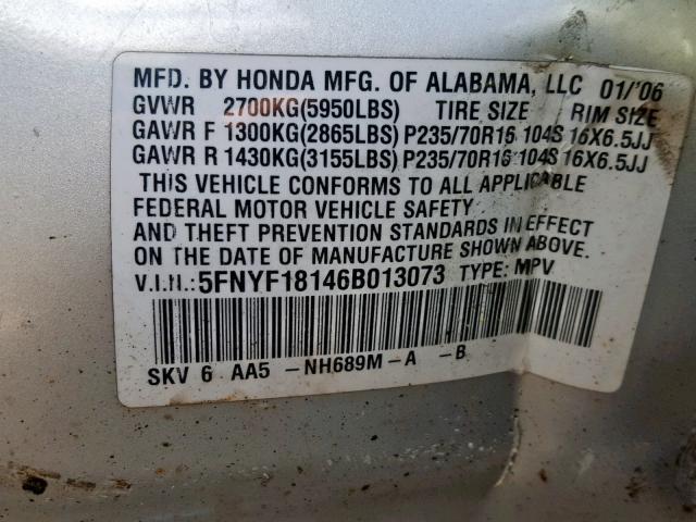 5FNYF18146B013073 - 2006 HONDA PILOT LX SILVER photo 10