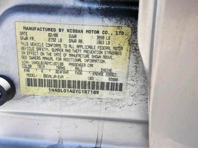 1N4DL01A2YC187189 - 2000 NISSAN ALTIMA XE SILVER photo 10