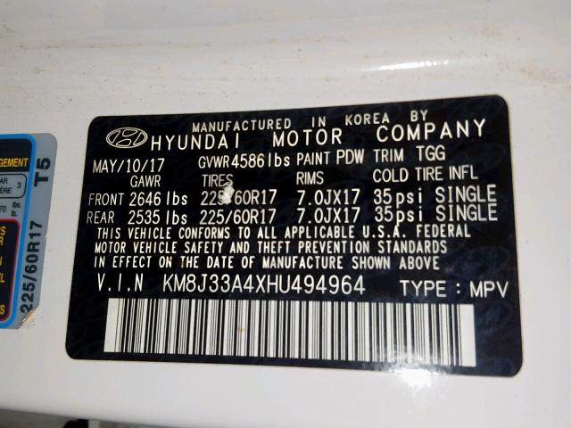 KM8J33A4XHU494964 - 2017 HYUNDAI TUCSON LIM WHITE photo 10