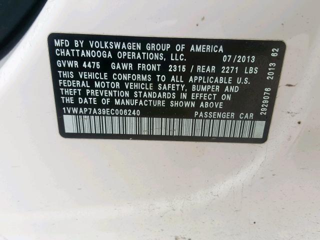 1VWAP7A39EC006240 - 2014 VOLKSWAGEN PASSAT S WHITE photo 10