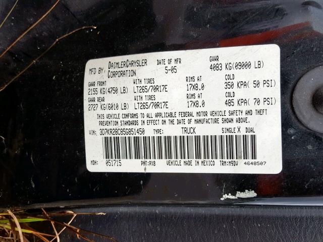 3D7KR28C85G851450 - 2005 DODGE RAM 2500 S 黑色 照片 10