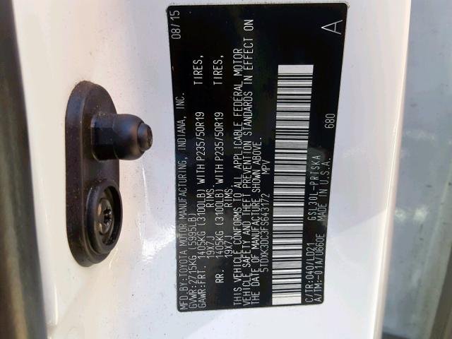 5TDXK3DC3FS643172 - 2015 TOYOTA SIENNA SPO WHITE photo 10