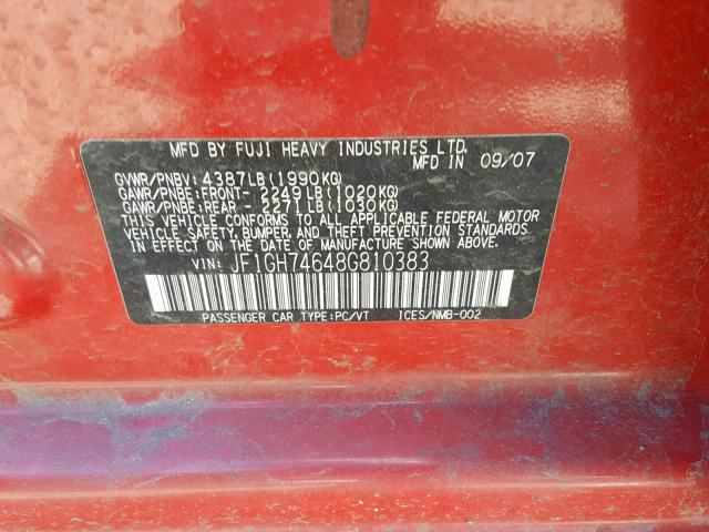 JF1GH74648G810383 - 2008 SUBARU IMPREZA WR RED photo 10