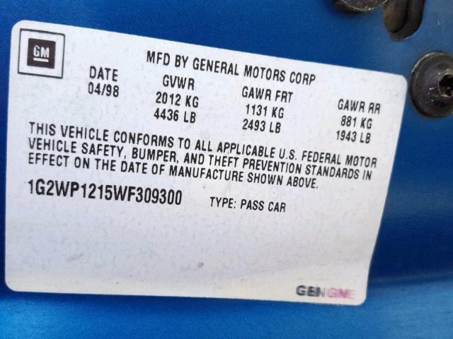 1G2WP1215WF309300 - 1998 PONTIAC GRAND PRIX BLUE photo 10