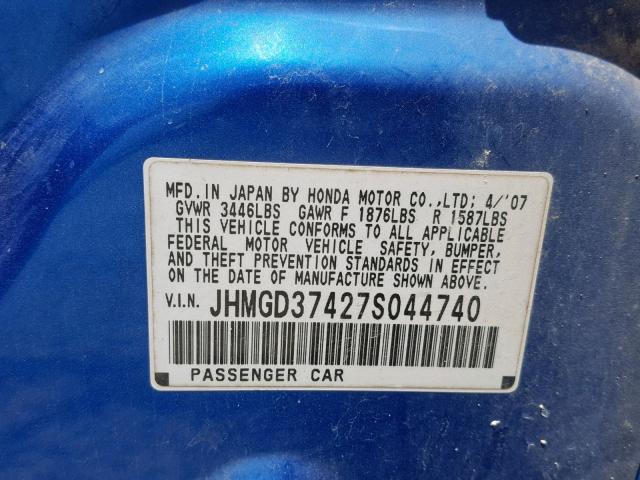 JHMGD37427S044740 - 2007 HONDA FIT BLUE photo 10