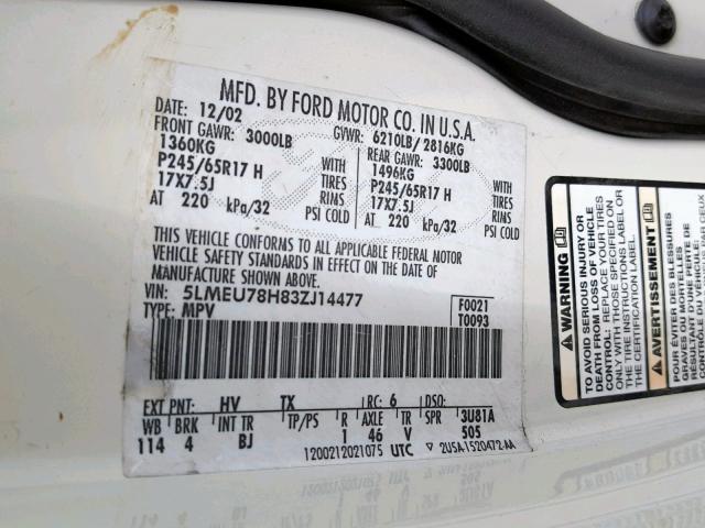 5LMEU78H83ZJ14477 - 2003 LINCOLN AVIATOR 米色 照片 10