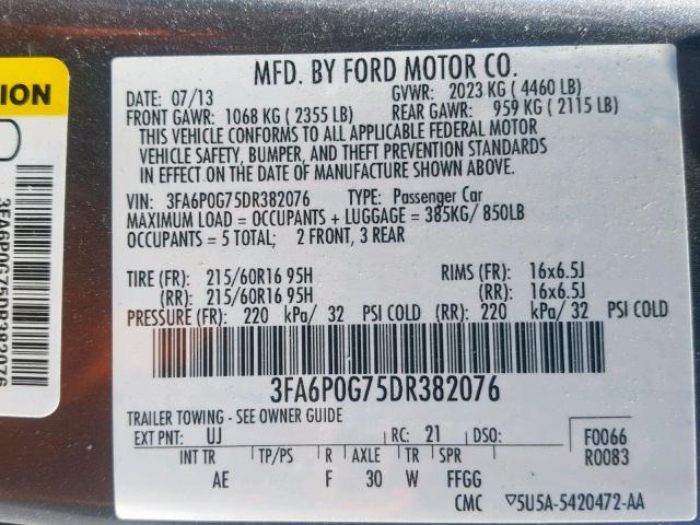 3FA6P0G75DR382076 - 2013 FORD FUSION S GRAY photo 10