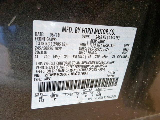 2FMPK3K87JBC31695 - 2018 FORD EDGE TITAN CHARCOAL photo 10